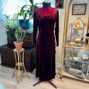 Vintage 1990s KC Spencer Red Crushed Velvet Long Sleeve Dress